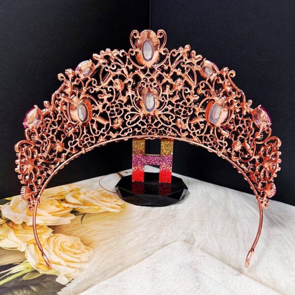 Vintage Handmade Crown, Fuchsia Crystal Crown, Victorian Tiara, Copper Crown